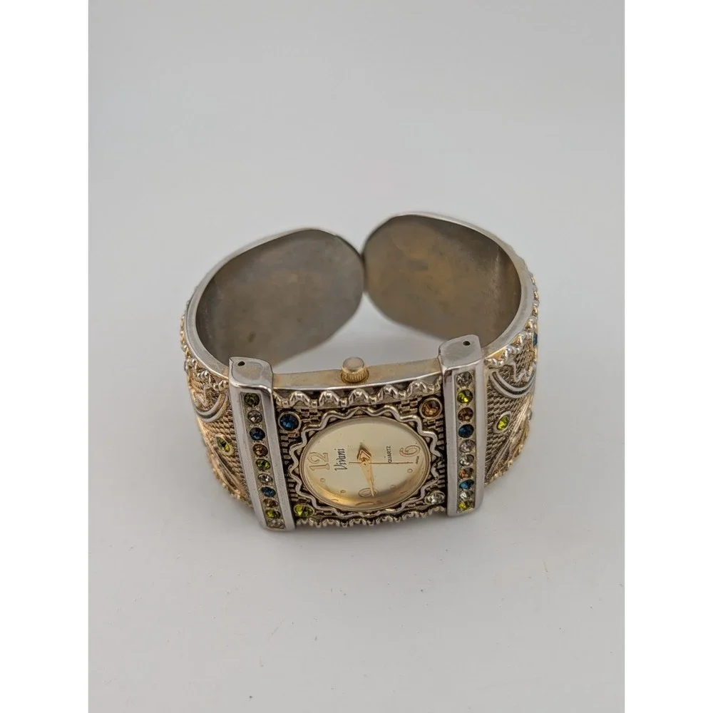 Vivani Rhinestone Cuff Women's Watch Gold Tone Multicolor Gems- New Battery